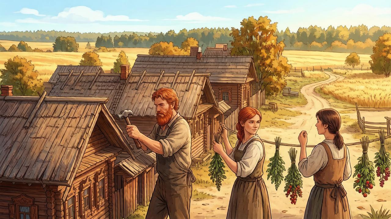 Крестьянин чинит сарай, женщины сушат травы и ягоды — иллюстрация к традициям дня Фотия Поветенного.